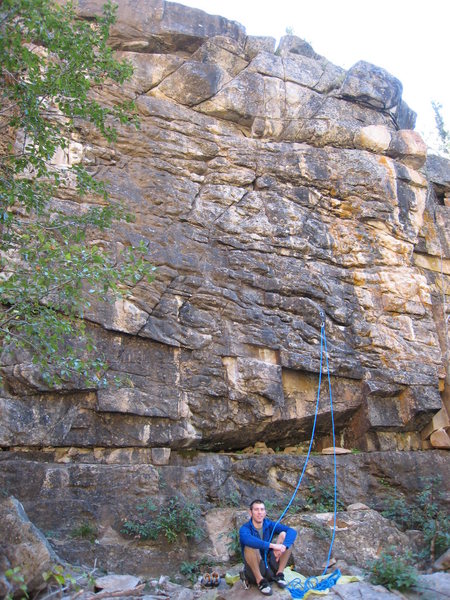 Ian getting ready at the base of Warm-up #1. A fun climb with the crux after the last bolt. Two options to finish. Go straight up from the last bolt (harder) or escape left up the right slanting crack.