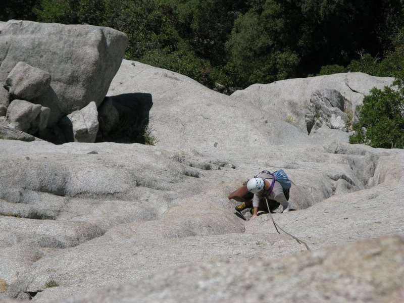 Maura coming up the Ross Route. This photo was taken from the belay for The Final Link, above the horn on Crescent Crack Direct.