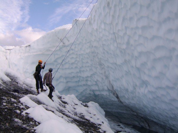 Me doing a "Vertical Limit" entrance style to the base of this climb on the Matanuska Glacier. It's a pretty fun place for the summer time to go ice climbing on top rope.
