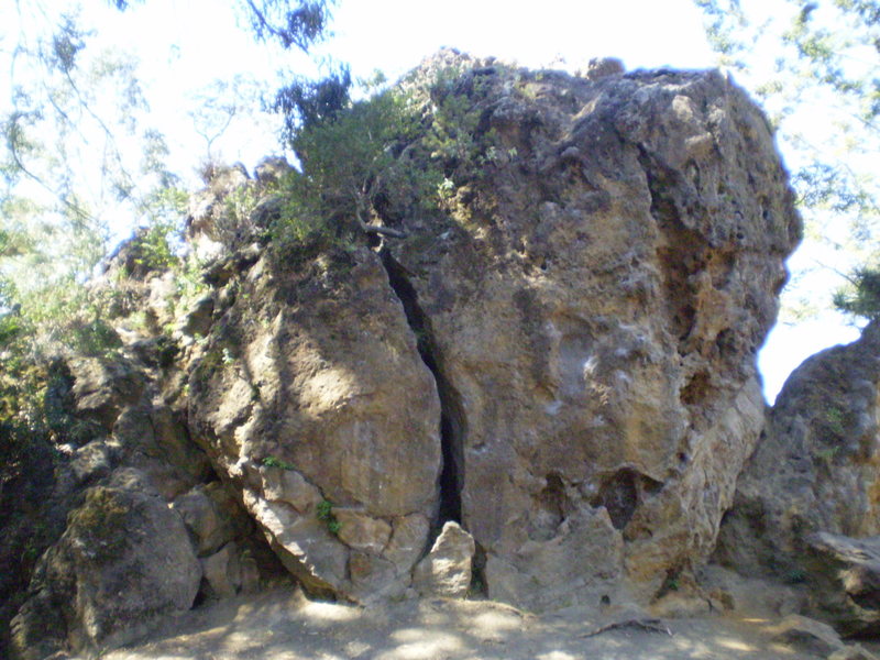 Pinnacle Rock - From the grass. Off-width Crack in the center and off to the right is the overhang