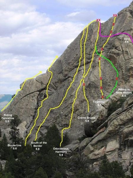 Routes located on the northern end of Fence Line Rock, on the West face.  Please note that there aren't any "R" or "X" ratings on these routes, but, most routes should be head's up with regard to available protection (in other words, most routes would be R or X rated at their grades, perhaps).