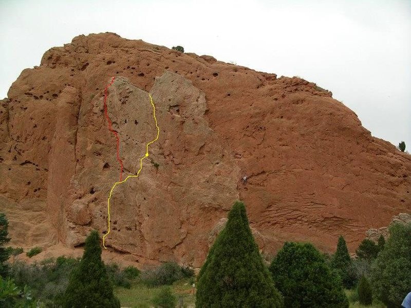 I copied this photo from the South Gateway Rock page and added the yellow line showing the Pipe Route, and the red line showing the second pitch of the Indian Head route. I hope it helps.