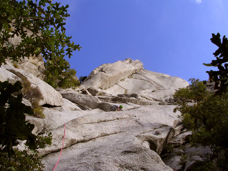 Sam cruising up the first pitch of Zigzag, trying to figure out where the piton went at the first roof