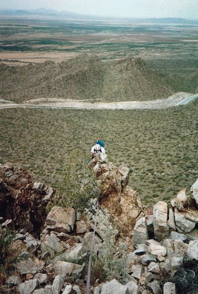 Wade Anderson making his way up a tottering ridge in the Picacho Mts.
