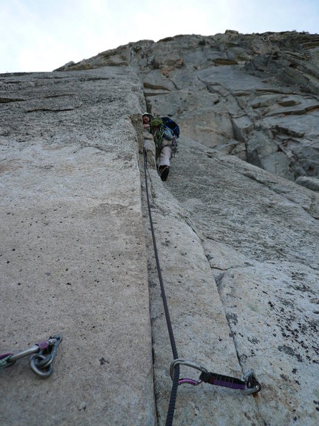 Deb casts off on Pitch #2 of 'Whodunit'. Note the "friendly" #3 KB protecting the moves off the belay anchor.