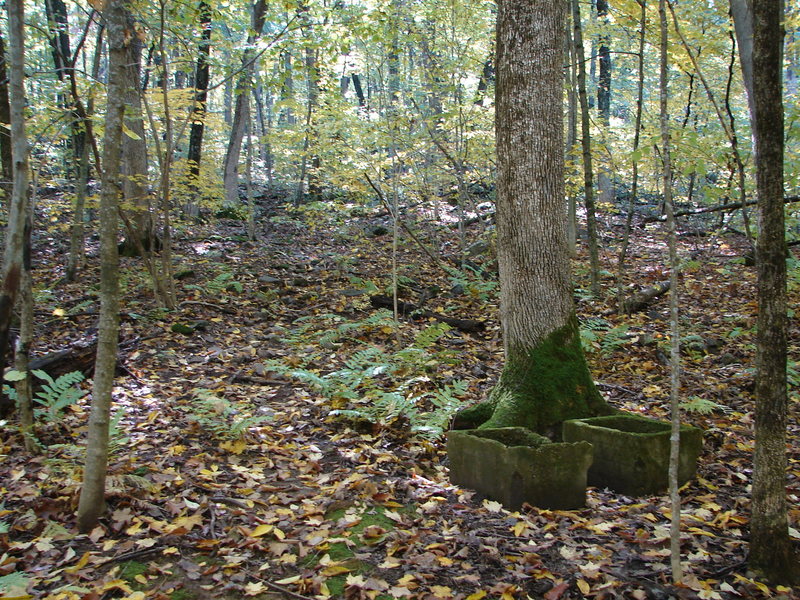 Marker in the woods from the concrete slabs. The trail goes up left in the picture. Just keep your eyes on the trail and it will lead you to the boulders. Good luck