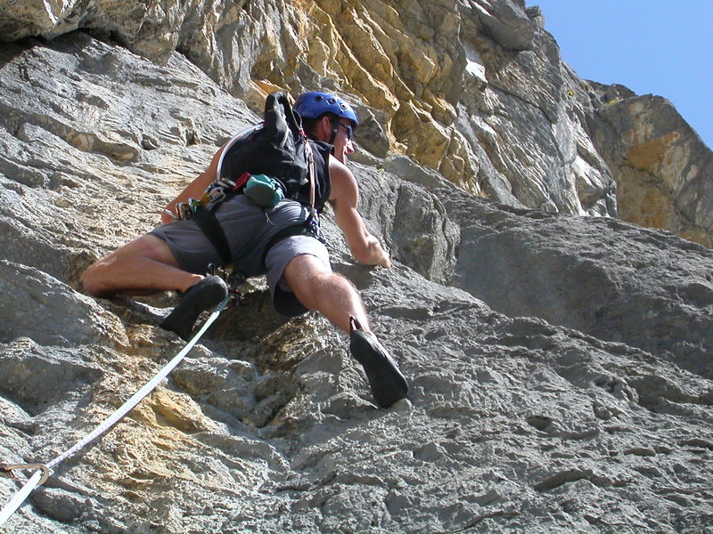 Pitch two: the crux is a few meters up on the right.