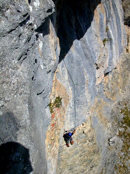 Pitch six: Daniele H working up the steep stuff underneath a big roof.