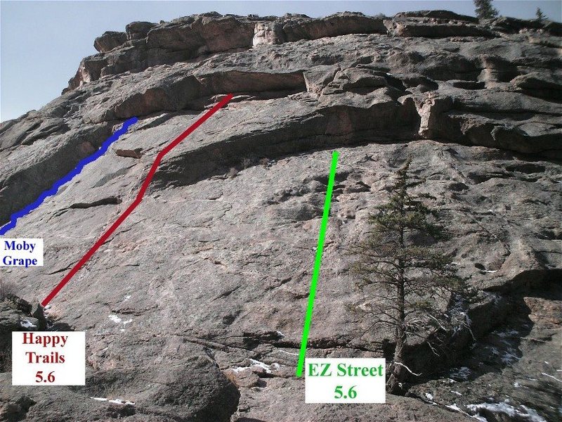 Picture showing spacing of Moby Grape (5.7), Happy Trails (5.6), and EZ Street (5.6).