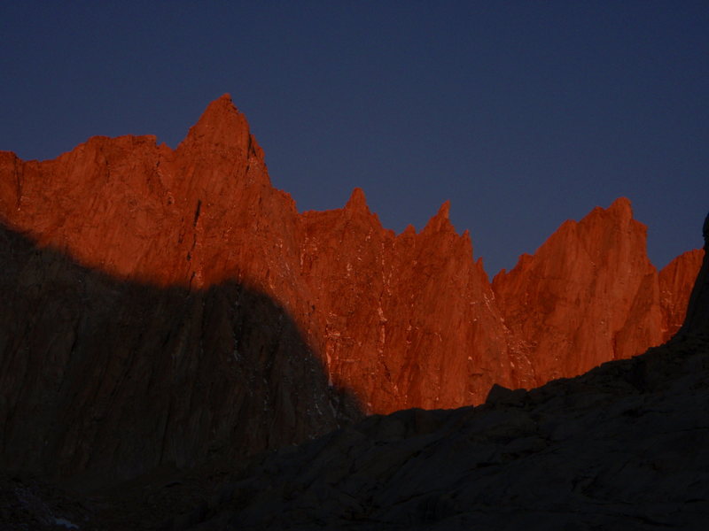 Morning alpenglow on Mount Muir, S'Brutal Tower and Aiguille Junior.