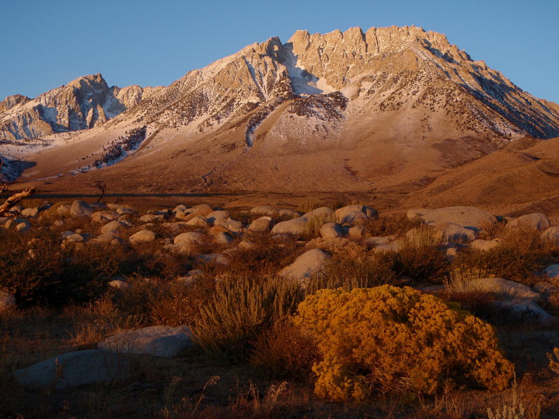Mount Humphreys (left) and Basin Mountain, a couple of thirteeners, at sunrise from Buttermilk Country.