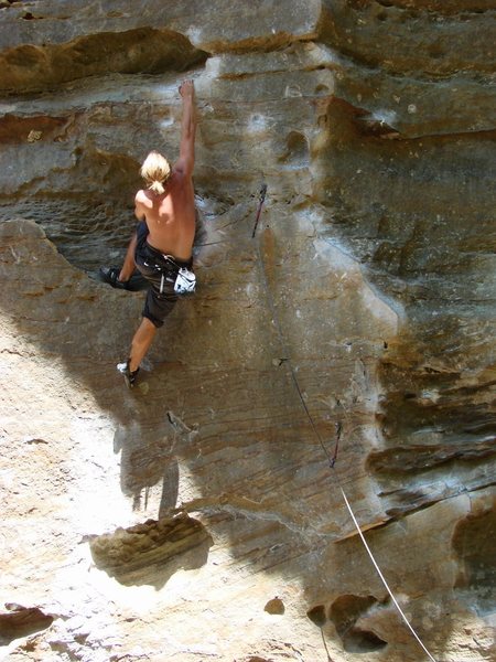 SteveZ working out the crux move on Ro just prior to sending. October '08.