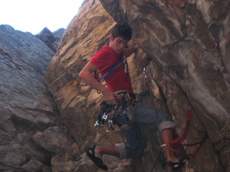 Me setting some gear before the crux.
