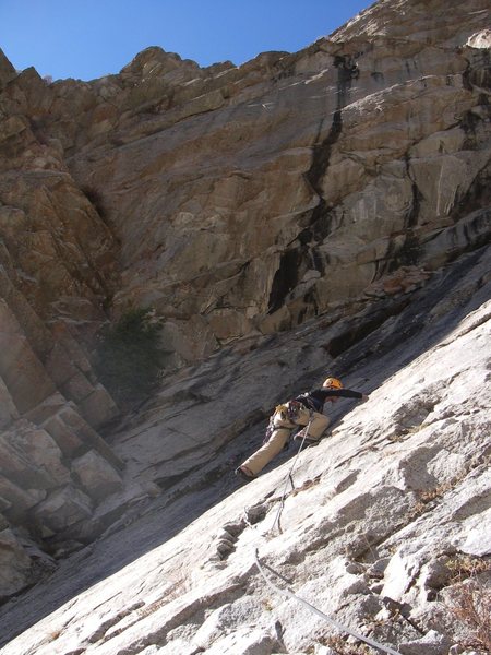 The FA goes down. Stoopid slabs. This is the start of the route from the alt "6 Ways" belay.