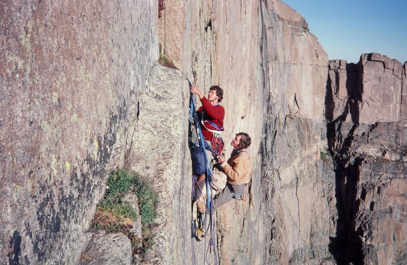 Climbers at a hanging belay mid way up the "Yellow Wall" on an early '80s direct aid ascent.<br>
<br>
Photo: Olaf Mitchell.