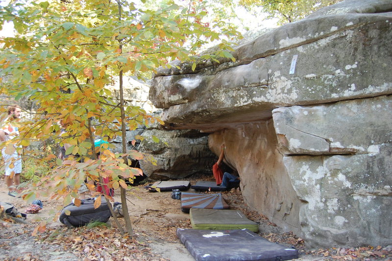 Flat Roof Boulder.Lea's Problem starts at the other end and tops out at this end of the picture.