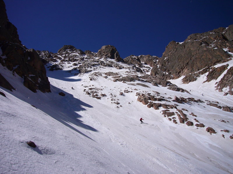 Skiing and snowboarding Pikes Peak in spring time is rough. Soooooo many people. This is the junction of Railroad and Y coulior. Photo by Trask Bradbury.