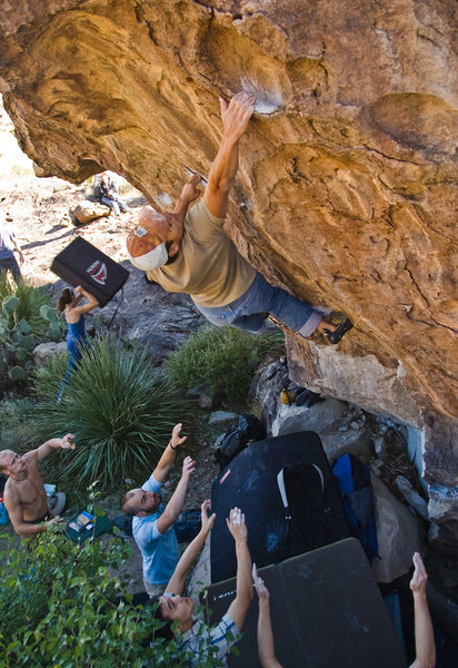 JC grabbing the Hueco Jug on his send of Seka's Specialty.<br>
<br>
Photo by Frank