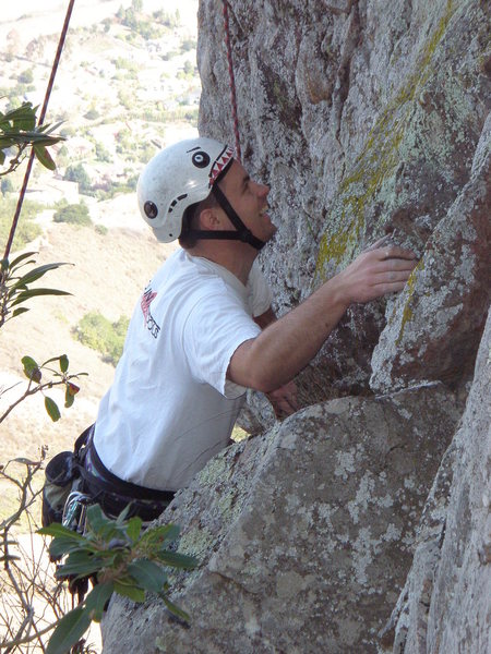 Theron properly demonstrating that climbing really is fun. <br>
<br>
Theron is just approaching the roof.