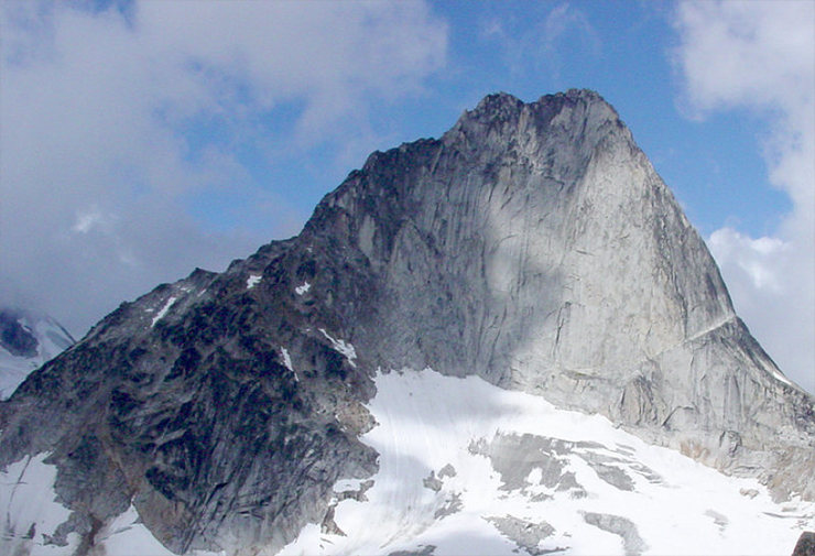 Bugaboo Spire. Left skyline is Kain Route; right skyline is North-East Ridge.