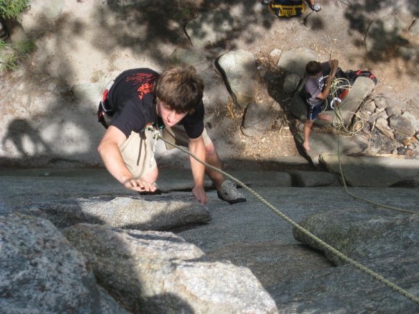 Zipper. Difficult to tell what the belayer is doing, or if he is even belaying.