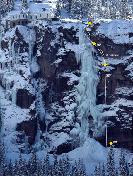 This is the new descent route as of December 1, 2008. The agreement allows climbing of Bridalveil only if the climbers descend down the the line of new anchors to the right of the falls.