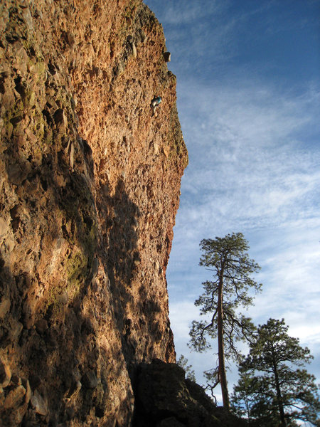Way up high on the route working through the crux of the route. November 2008.