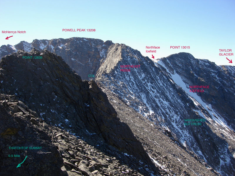 This is the panorama to the west from the ridge between Thatchtop Mountain and Powell Peak.