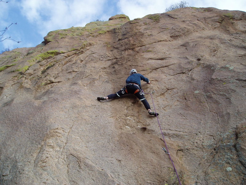 The crux. Moving left is reasonable, but then it's hard and spooky clipping the next bolt. Climbing straight up leads to a difficult clip and an even harder move. I ended up clipping the bolt above then lowering and moving left.