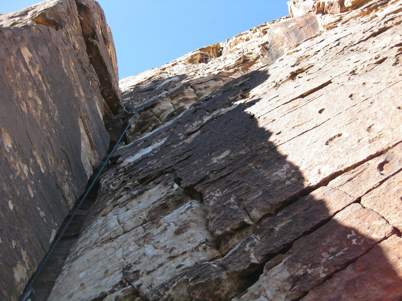 Gary has led off on the classic pitch two. Looking up from first belay.