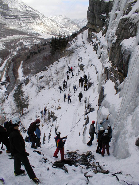 At the base of "The Apron" during the Ice Festival 01/03. During peak season it gets a bit crowded, but not usually this crowded.