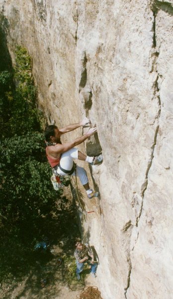 Barnburner Crack before the bolts. This photo is from September of 1988. The belayer is non other than Jim Blakely. As much as I'd like to say I on-sighted this thing, I can't, I'm sure that I had top roped it at least a hundred times. To walk up to this crack and on- sight it would be really cool. I lost that chance over two decades ago. At the time I figured this was the 4th or 5th lead of the climb. Good thing I wasn't wearing lycra. Bob Bickford December 2008