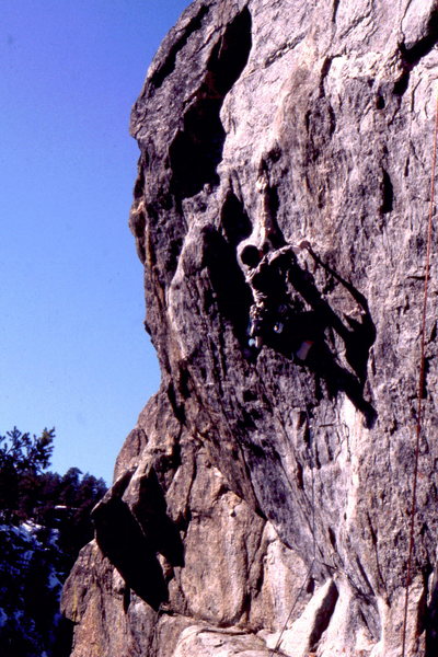 Matt Bebe on Voila, the Grande Finale face ascends the grey face on the left up into right facing corner. Photo: Bob Horan Collection.