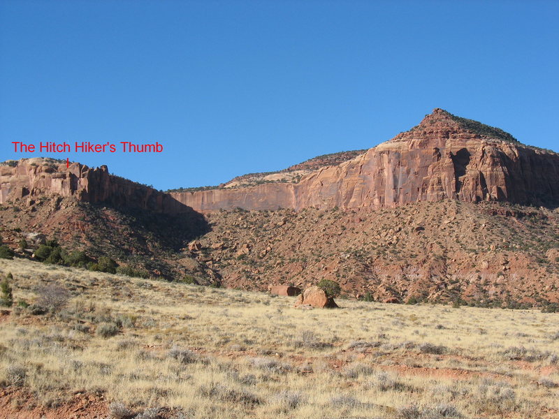 The upper canyon, with the Thumb labeled, as seen from where the road deteriorates and it's recommended that you park.