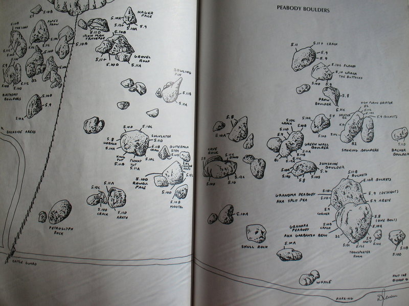 Original topo for the Peabody (Buttermilk) Boulders from the 1988 Eastside Guide. No complaints about the ratings!