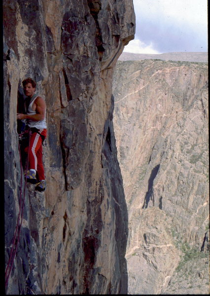 Mike O'Donnell on 3rd ascent of Stratosphere, 1st one day ascent, 10 hours. Photo: Bob Horan Collection.