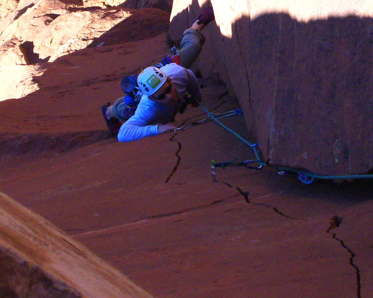 Andrew passing the crux on pitch 1
