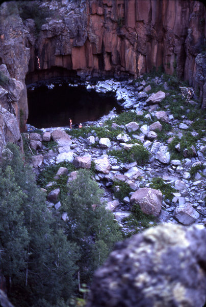 Here's the evidence from back in the day- unidentified climber halfway down from the high dive, used in seeding the start of the Syndicate Bouldering Contest. L. Coats photo