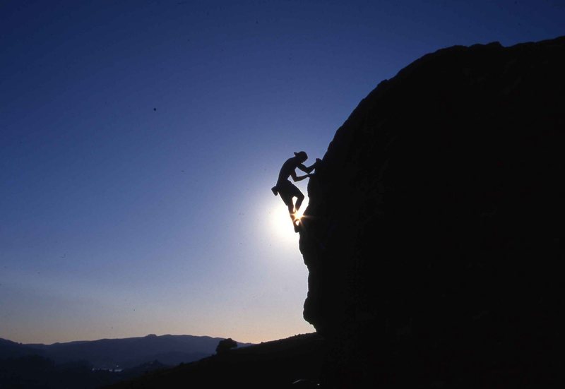 Sunset bouldering at Turtle Rock, photo by Shems Judd. Once upon a time the back cover of the Shoreline Mt Products catalog.