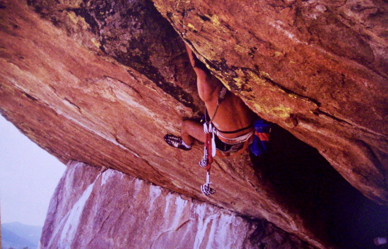Bob Horan on 3rd ascent of Randy Leavitt's Animal Magnetism 5.12d, leavitation off-width roof.