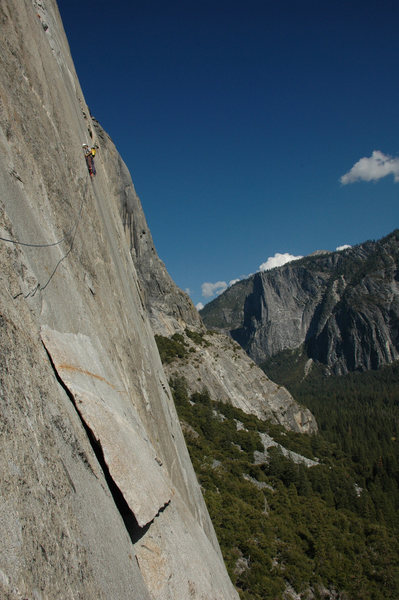 Chris Vultaggio on lower pitches of the Nose.<br>
<br>
Photo by Camillo Pavone