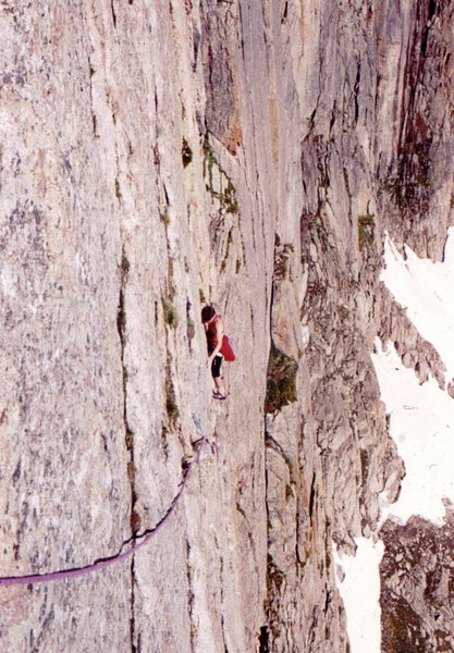 Mike Lowe on the traverse pitch, photo: Bob Horan Collection.
