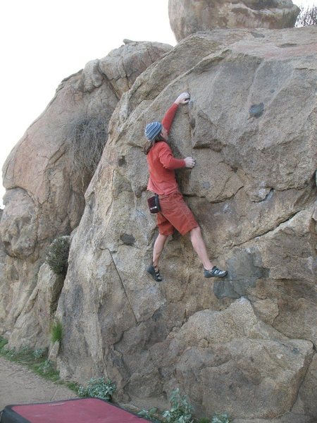 Euan at the crux of Masterlock (V2), Mt. Rubidoux