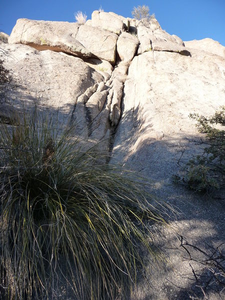 <em>February Wind</em> and <em>January Sun</em> start around this location, which is a bit to climber's left of the route <em>Out Of Darkness</em>. (regarding the plant in the photo, it can be bypassed on its left side.)<br>
