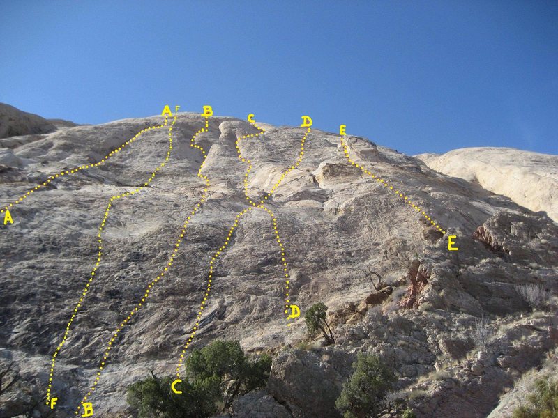 A) Return of the Crocks.5.8 B)Faith hope and Clarity.5.9 C). Just Dreams 5.9 D)Slabtastic. 5.8+R. E)Sinister Slab.5.7R F)Persistence.5.11