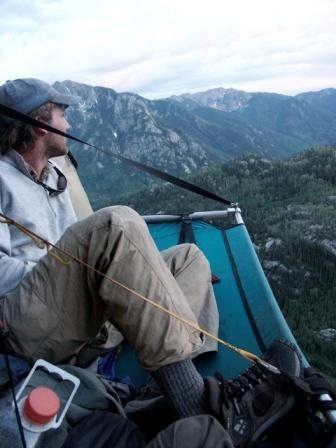 Steve, Eggman, Eginore bivying on Insectaphobia, the Pope's Nose, overlooking the Los Pinos River Valley. Photo: Dan Steaevs.