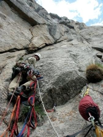 Steve, Eggman, Eginore, aid climbing on Insectaphobia, the Pope's Nose. Photo: Dan Steaves.