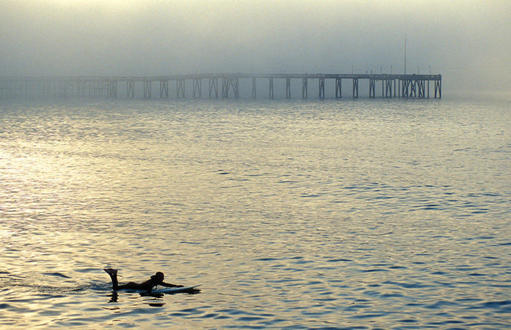 The Central Coast offers outstanding rest-day opportunities. Here, Bill Vecchiarelli paddles out near the Ventura Pier.