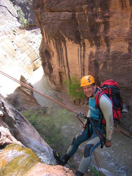 Rappelling out of Mystery Canyon into the Virgin River Narrows. Zion offers world-class canyoneering to supplement its world class big wall climbing.