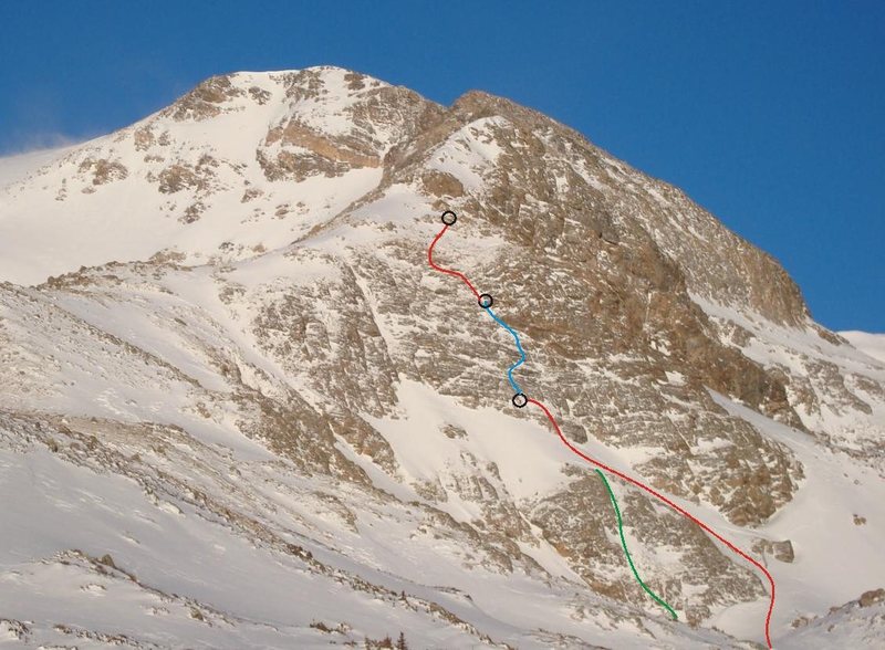 The green line shows a direct start, but to me it seemed rather short and not worth bothering with ropes etc. especially since there's such a nice snow climb up around it.<br>
<br>
We climbed the snow (1st red line) to the base of the wall, then our P1 (blue line), the P2 (2nd red line).<br>
<br>
P1 was a full 60m.<br>
P2 was ~45m.<br>
<br>
Many variations exist.